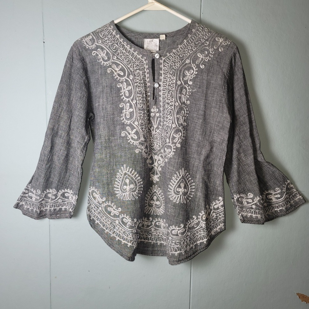 Chantel Embroidered Peasant Top Bohemian Blouse Bell Sleeve Gray Small‎